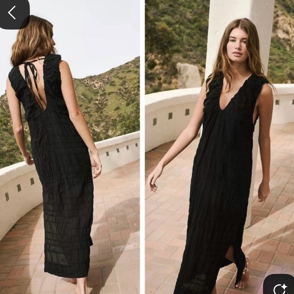 Free People Black Agatha Crinkle Cotton Side Slit Boho Classic Midi Maxi Dress
